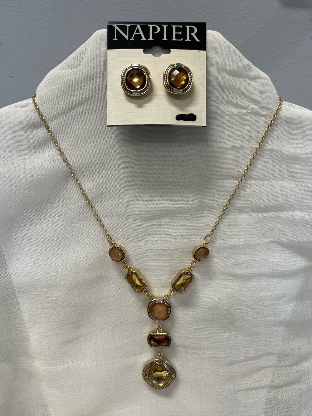 Napier Gold-Tone Multi-Stone Drop Necklace with Matching Amber Studs